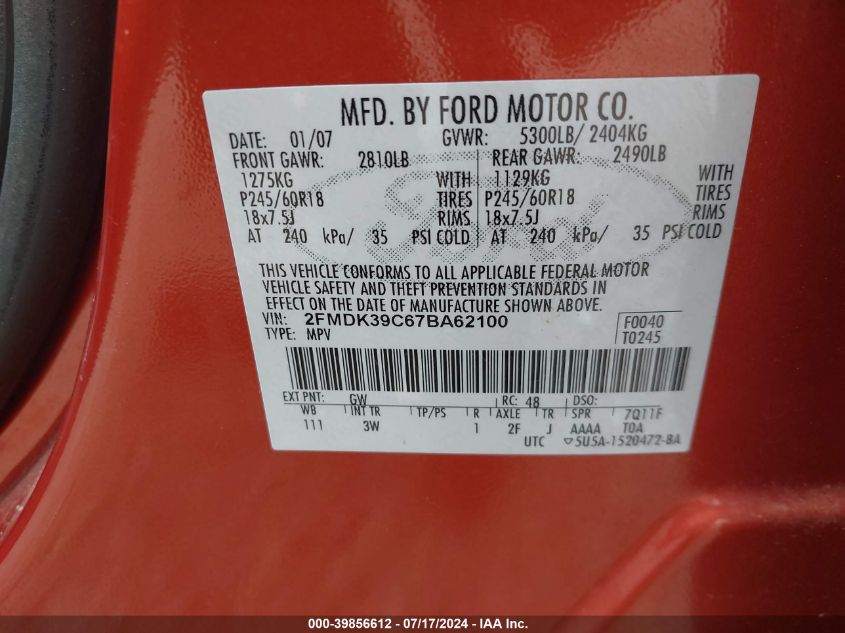 2007 Ford Edge Sel Plus Fwd Sel Plus VIN: 2FMDK39C67BA62100 Lot: 39856612