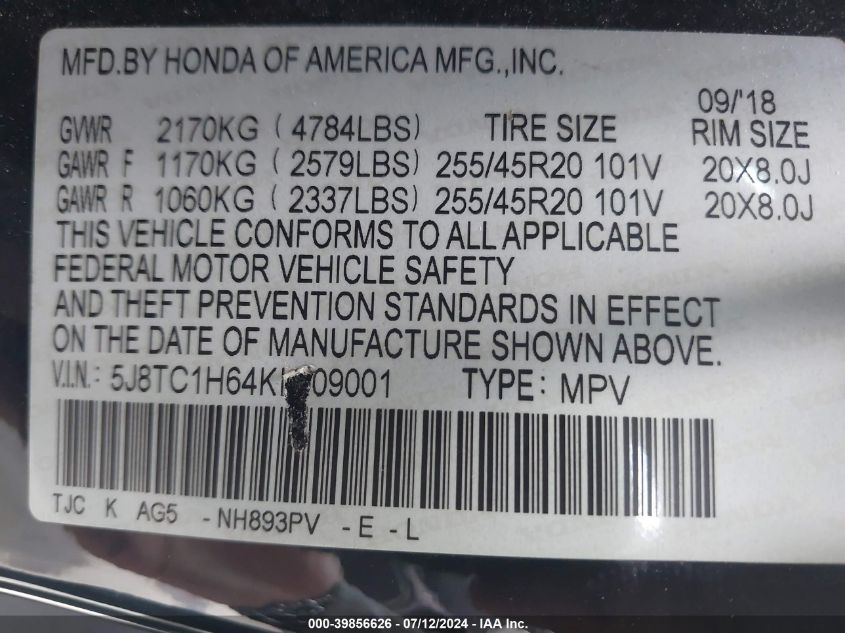 2019 Acura Rdx A-Spec Package VIN: 5J8TC1H64KL009001 Lot: 39856626