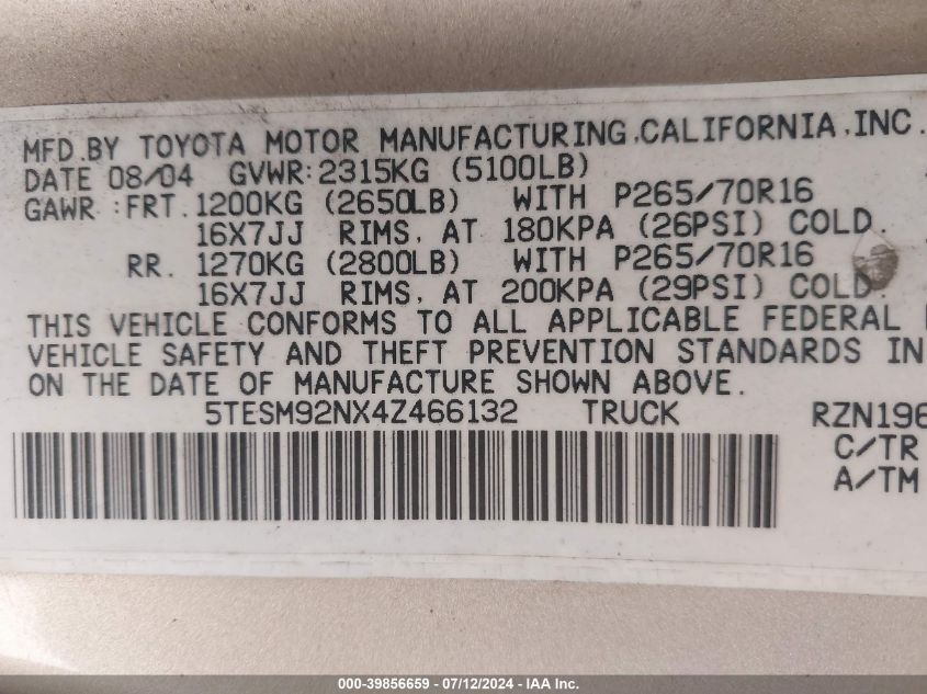 2004 Toyota Tacoma Prerunner VIN: 5TESM92NX4Z466132 Lot: 39856659