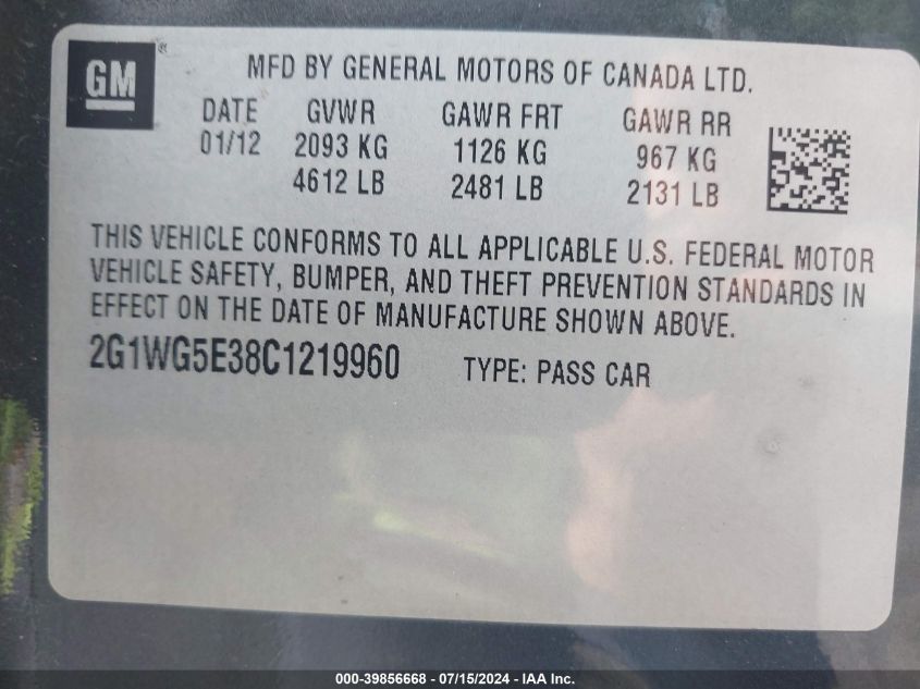 2012 Chevrolet Impala Lt VIN: 2G1WG5E38C1219960 Lot: 39856668