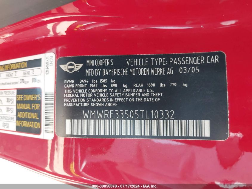 2005 Mini Cooper S VIN: WMWRE33505TL10332 Lot: 39856670