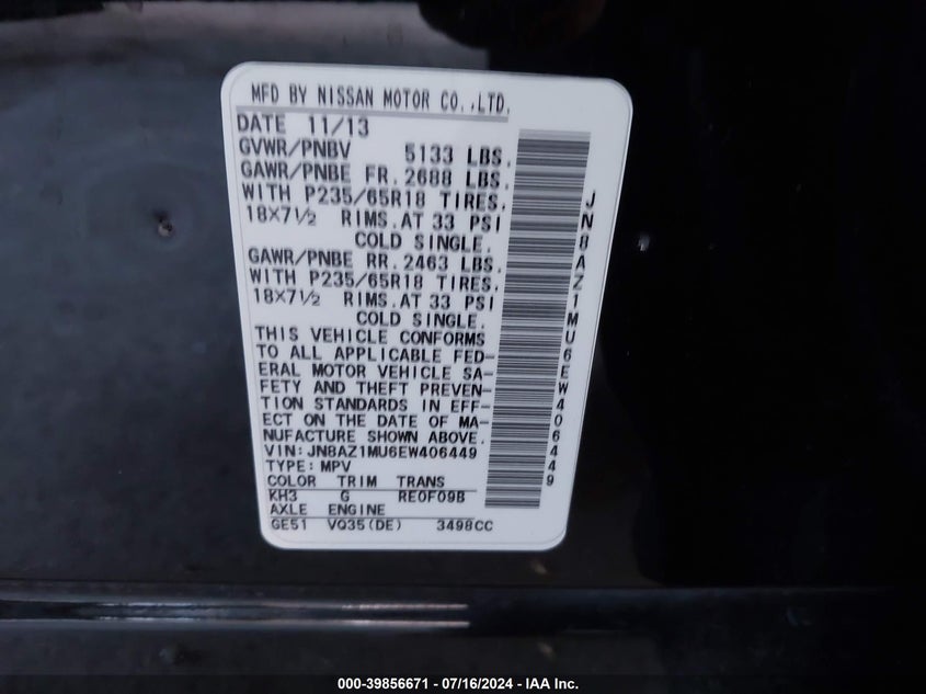 2014 Nissan Murano S VIN: JN8AZ1MU6EW406449 Lot: 39856671