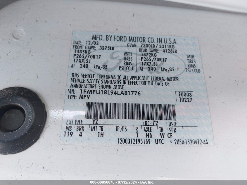 2004 Ford Expedition Eddie Bauer VIN: 1FMFU18L94LA81776 Lot: 39856678