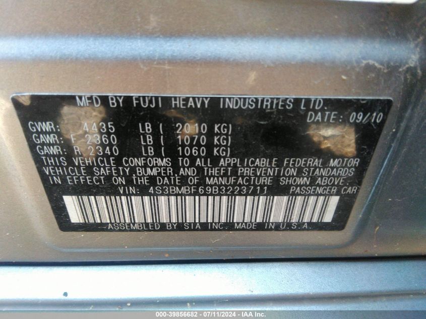2011 Subaru Legacy 2.5I Premium VIN: 4S3BMBF69B3223711 Lot: 39856682