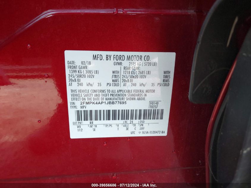 2018 Ford Edge Sport VIN: 2FMPK4AP1JBB77695 Lot: 39856686