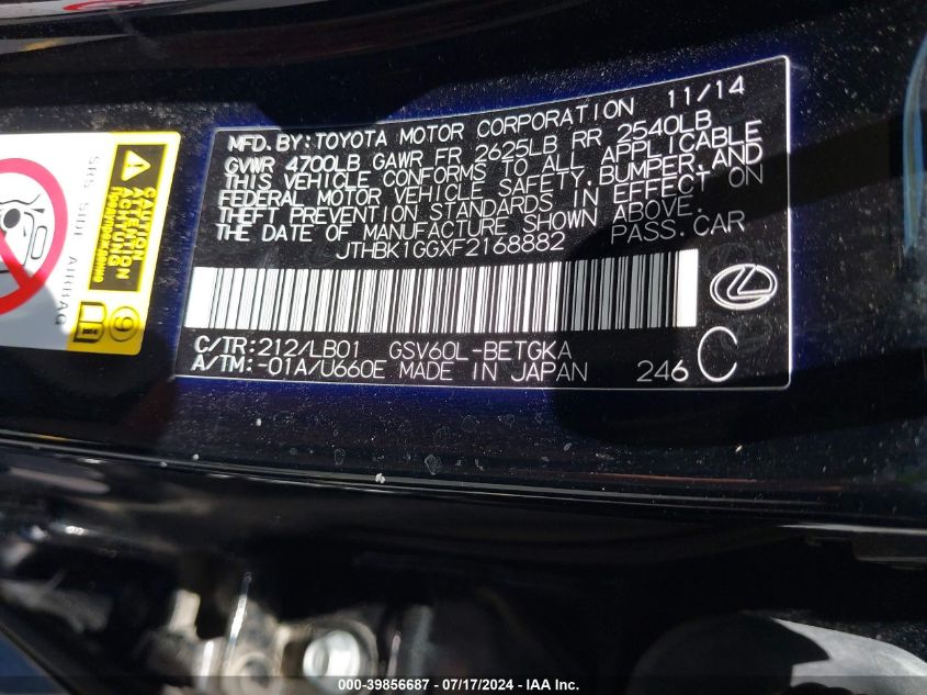 2015 Lexus Es 350 VIN: JTHBK1GGXF2168882 Lot: 39856687