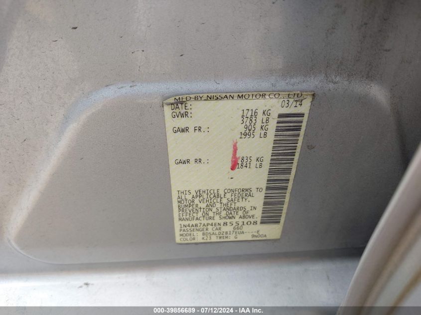 2014 Nissan Sentra Sv VIN: 1N4AB7AP4EN855108 Lot: 39856689