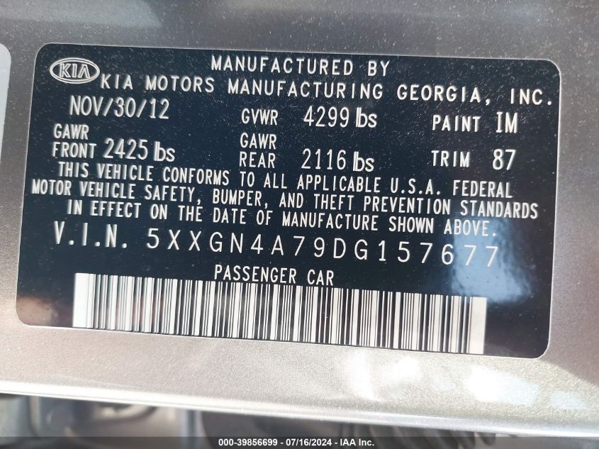 2013 Kia Optima Ex VIN: 5XXGN4A79DG157677 Lot: 39856699