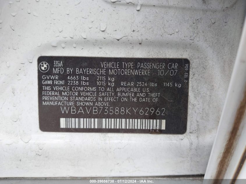 2008 BMW 335I VIN: WBAVB73588KY62962 Lot: 39856738