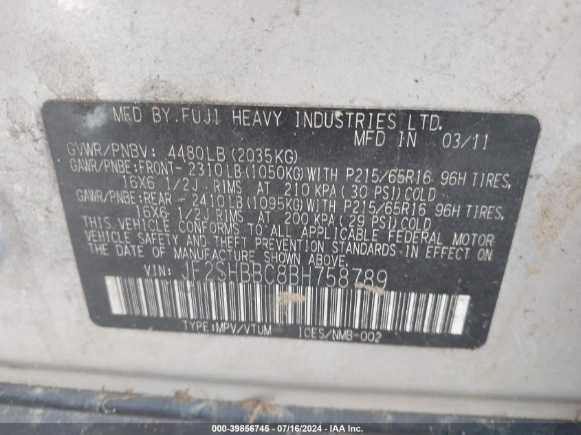 2011 Subaru Forester 2.5X VIN: JF2SHBBC8BH758789 Lot: 39856745