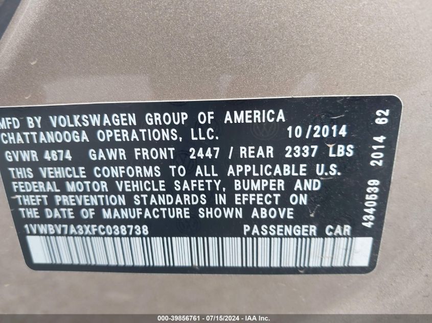 2015 Volkswagen Passat 2.0L Tdi Se VIN: 1VWBV7A3XFC038738 Lot: 39856761