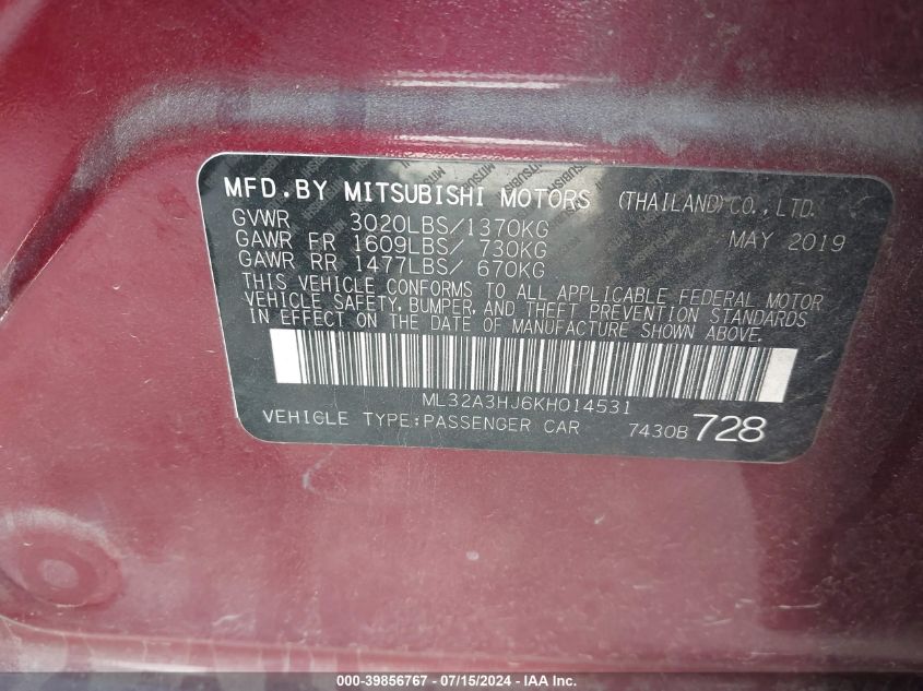 ML32A3HJ6KH014531 2019 Mitsubishi Mirage Rf