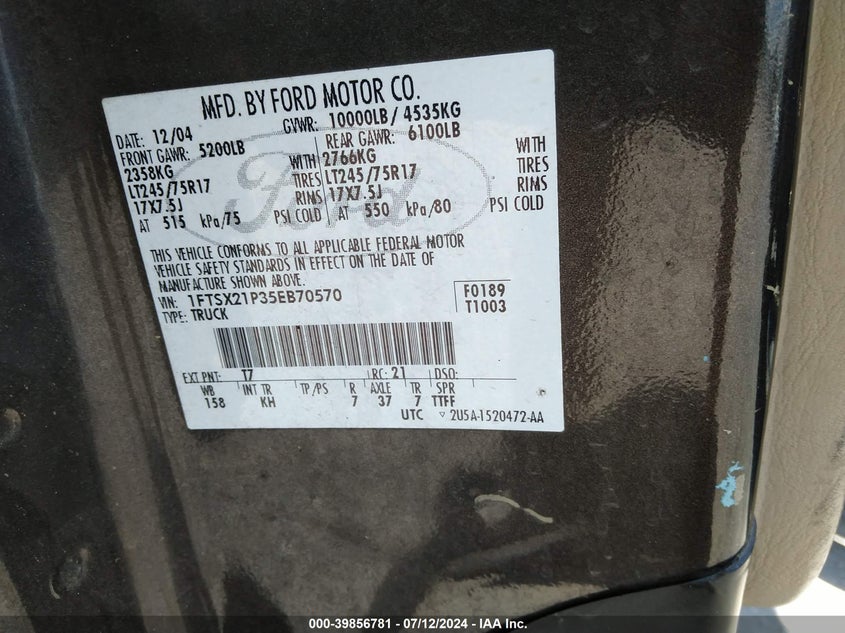 2005 Ford F-250 Lariat/Xl/Xlt VIN: 1FTSX21P35EB70570 Lot: 39856781