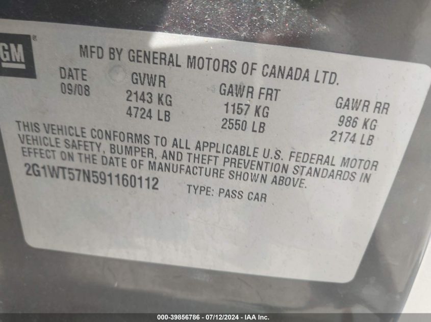 2009 Chevrolet Impala Lt VIN: 2G1WT57N591160112 Lot: 39856786