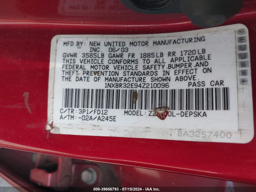 2004 Toyota Corolla S VIN: 1NXBR32E94Z210096 Lot: 39856793