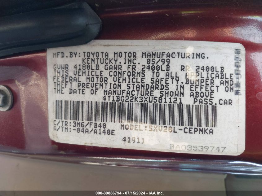 1999 Toyota Camry Le VIN: 4T1BG22K3XU581121 Lot: 39856794