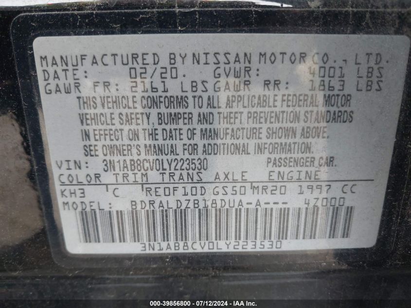 2020 Nissan Sentra Sv Xtronic Cvt VIN: 3N1AB8CV0LY223530 Lot: 39856800