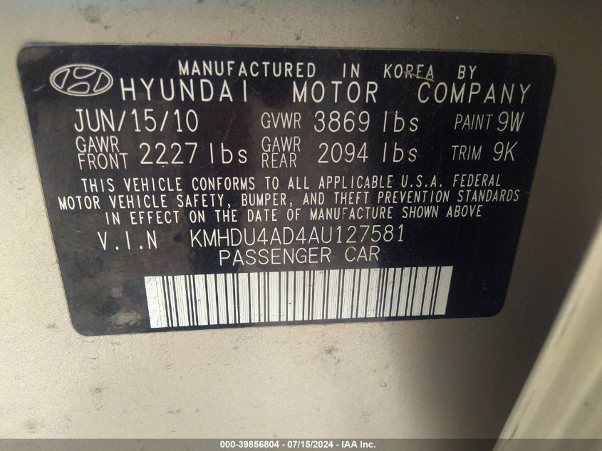 KMHDU4AD4AU127581 | 2010 HYUNDAI ELANTRA