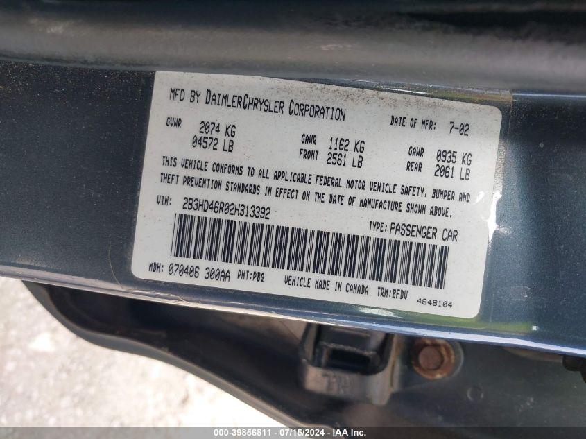 2002 Dodge Intrepid Se VIN: 2B3HD46R02H3I3392 Lot: 39856811