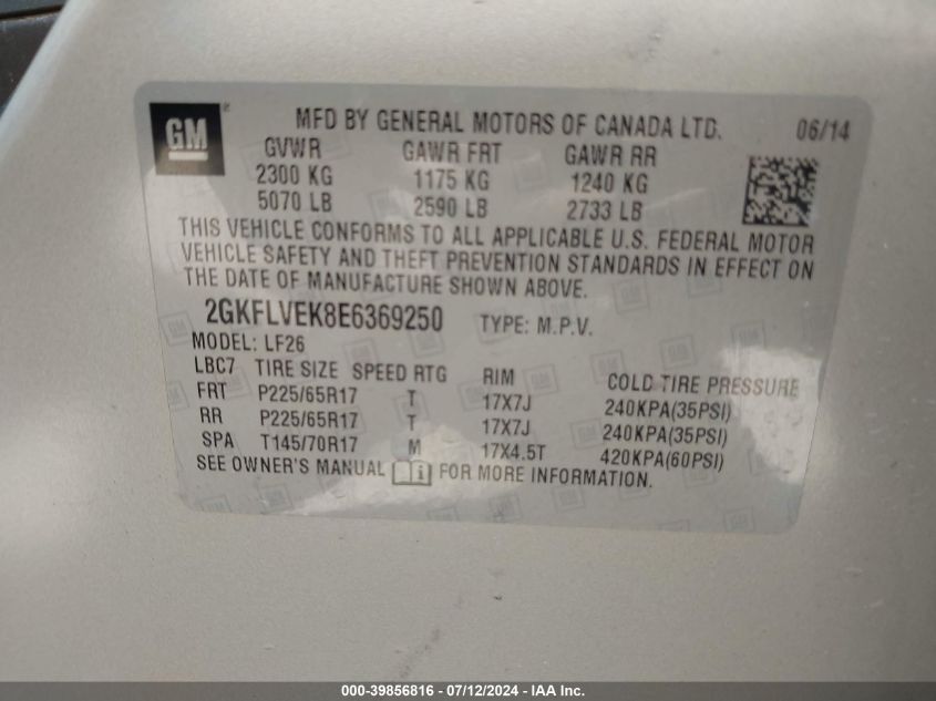 2014 GMC Terrain Sle-1 VIN: 2GKFLVEK8E6369250 Lot: 39856816