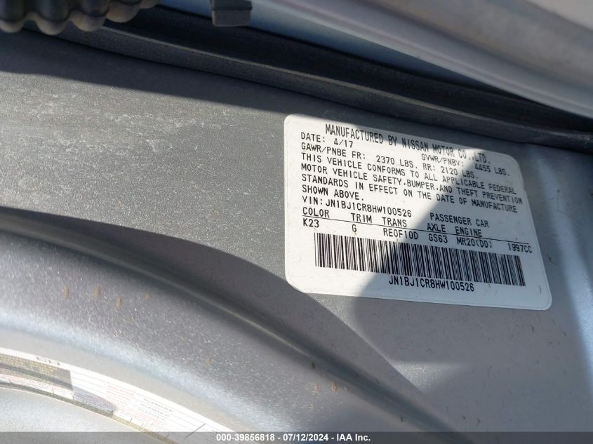 2017 Nissan Rogue Sport Sl VIN: JN1BJ1CR8HW100526 Lot: 39856818