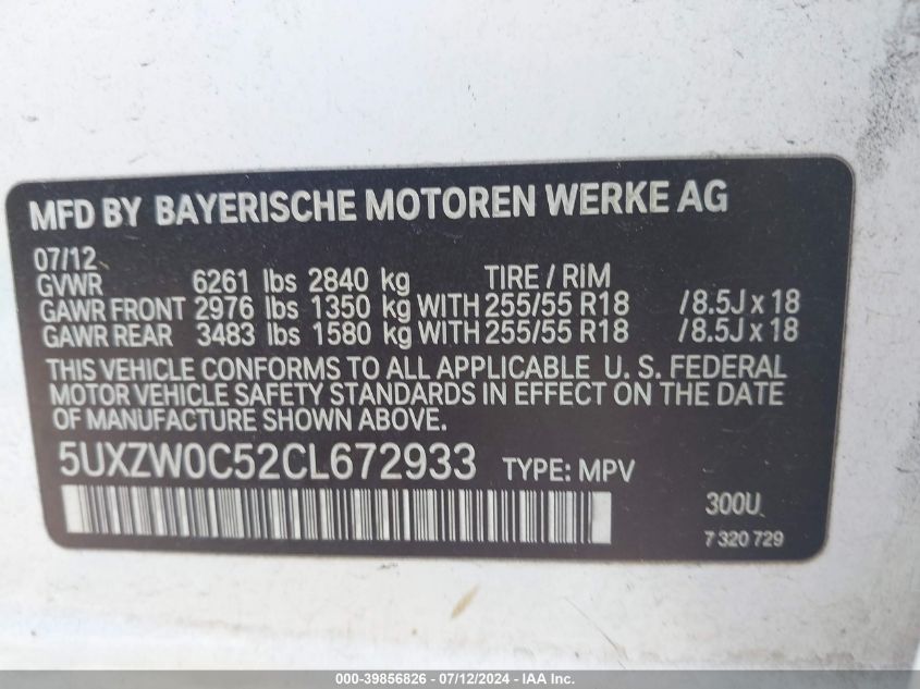 2012 BMW X5 xDrive35D VIN: 5UXZW0C52CL672933 Lot: 39856826