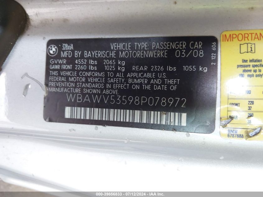 2008 BMW 328Xi VIN: WBAWV53598P078972 Lot: 39856833