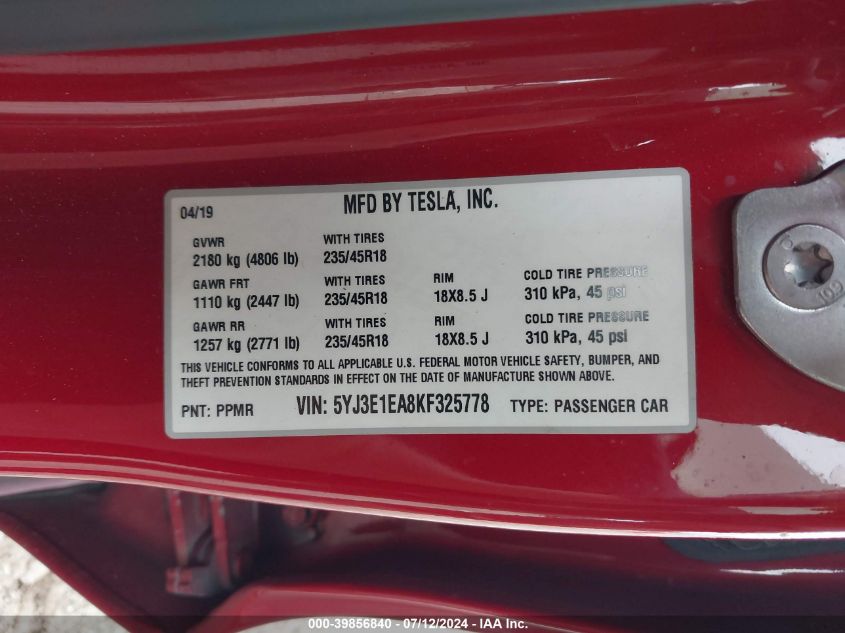 VIN 5YJ3E1EA8KF325778 2019 Tesla Model 3, Long Rang... no.9