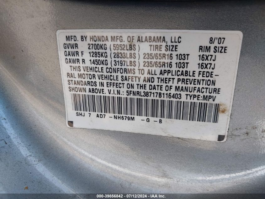 2007 Honda Odyssey Ex-L VIN: 5FNRL38717B116403 Lot: 39856842