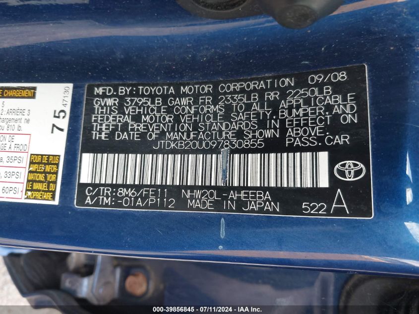 2009 Toyota Prius VIN: JTDKB20U097830855 Lot: 39856845