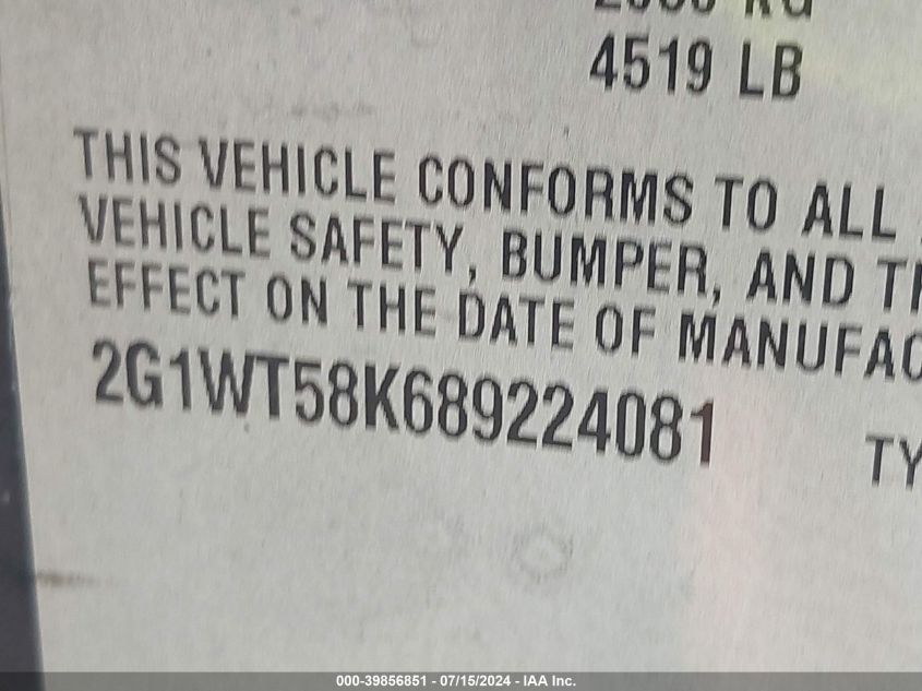 2008 Chevrolet Impala Lt VIN: 2G1WT58K689224081 Lot: 39856851