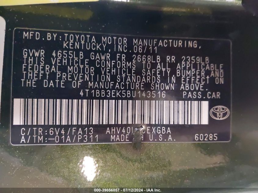 4T1BB3EK5BU143516 2011 Toyota Camry Hybrid