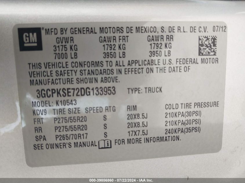 3GCPKSE72DG133953 2013 Chevrolet Silverado 1500 Lt