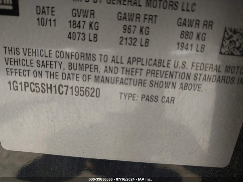 2012 Chevrolet Cruze Ls VIN: 1G1PC5SH1C7195620 Lot: 39856866