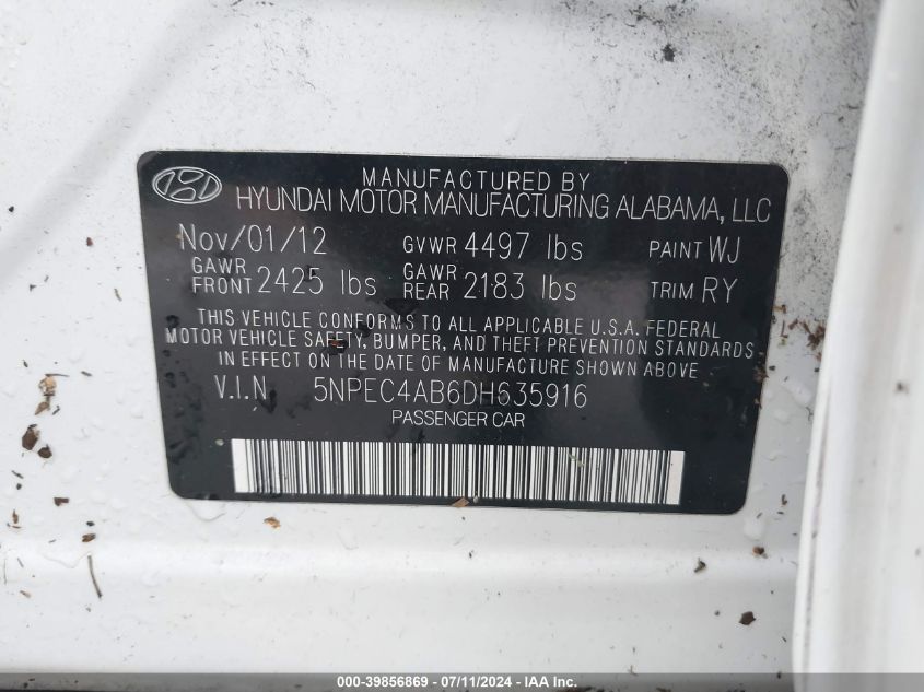 2013 Hyundai Sonata Limited 2.0T VIN: 5NPEC4AB6DH635916 Lot: 39856869