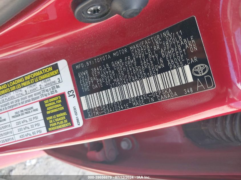 2011 Toyota Corolla S VIN: 2T1BU4EE8BC601657 Lot: 39856879