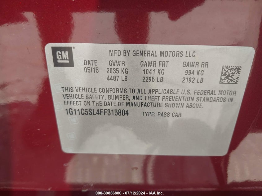 2015 Chevrolet Malibu 1Lt VIN: 1G11C5SL4FF315804 Lot: 39856880