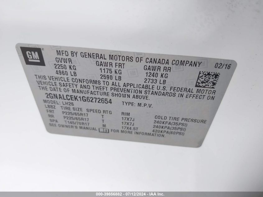 2016 Chevrolet Equinox Lt VIN: 2GNALCEK1G6272654 Lot: 39856882