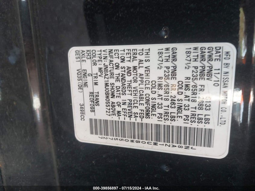 2011 Nissan Murano Sl VIN: JN8AZ1MU0BW055727 Lot: 39856897