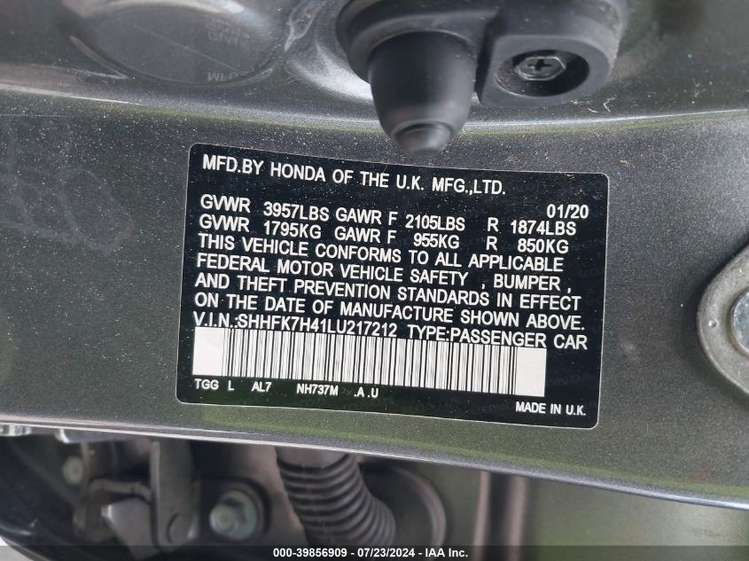 2020 Honda Civic Sport VIN: SHHFK7H41LU217212 Lot: 39856909