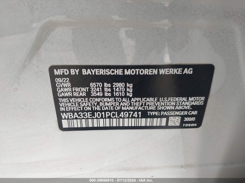 2023 BMW 760 Xi VIN: WBA33EJ01PCL49741 Lot: 39856910