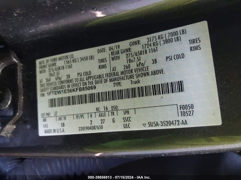 2019 Ford F-150 Lariat VIN: 1FTEW1E56KFB85069 Lot: 39856913