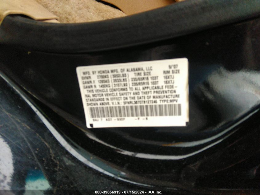 2007 Honda Odyssey Ex-L VIN: 5FNRL38707B127246 Lot: 39856919