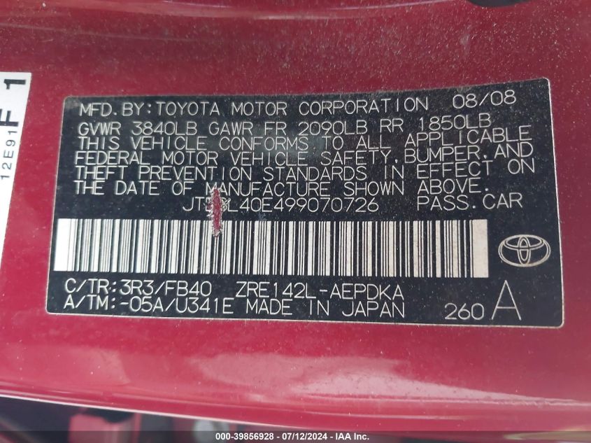 2009 Toyota Corolla Le VIN: JTDBL40E499070726 Lot: 39856928