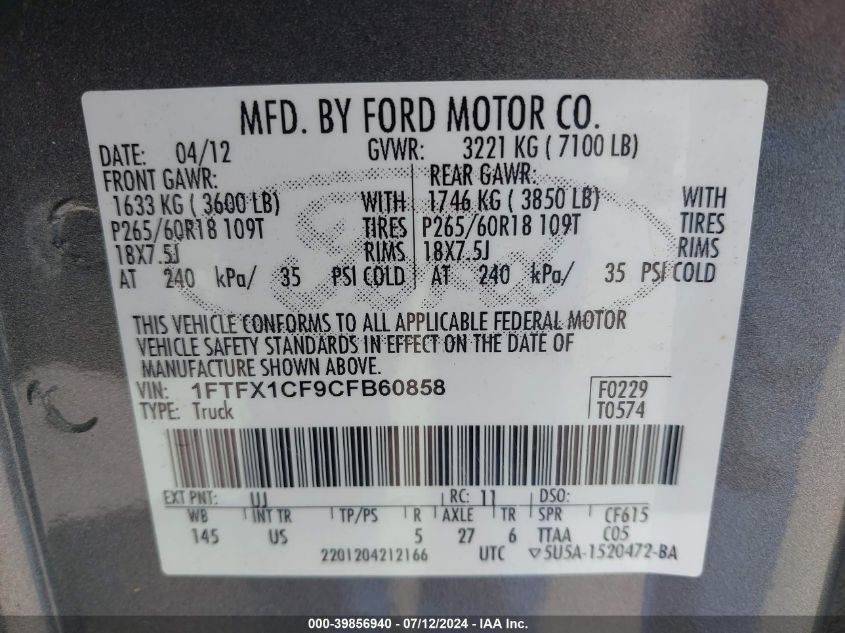 2012 Ford F-150 Xlt VIN: 1FTFX1CF9CFB60858 Lot: 39856940