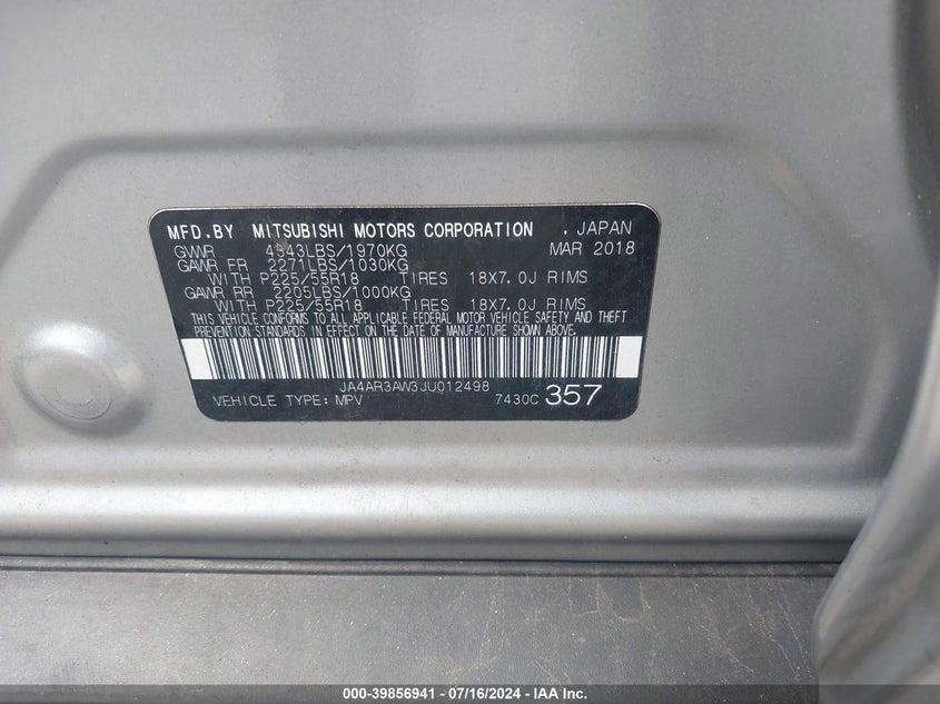 2018 Mitsubishi Outlander Sport 2.4 Se VIN: JA4AR3AW3JU012498 Lot: 39856941