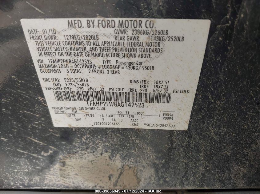 2010 Ford Taurus Sel VIN: 1FAHP2EW8AG142523 Lot: 39856949