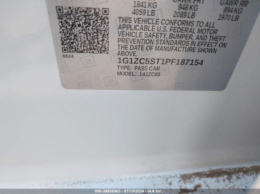 2023 Chevrolet Malibu Fwd 1Fl VIN: 1G1ZC5ST1PF187154 Lot: 39856963