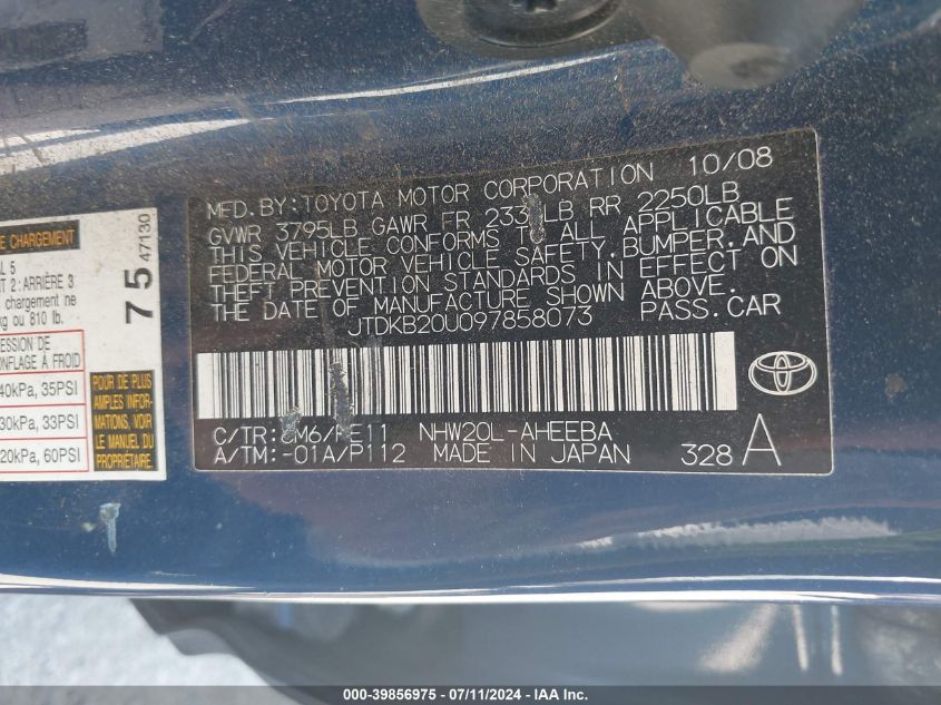 2009 Toyota Prius VIN: JTDKB20U097858073 Lot: 39856975