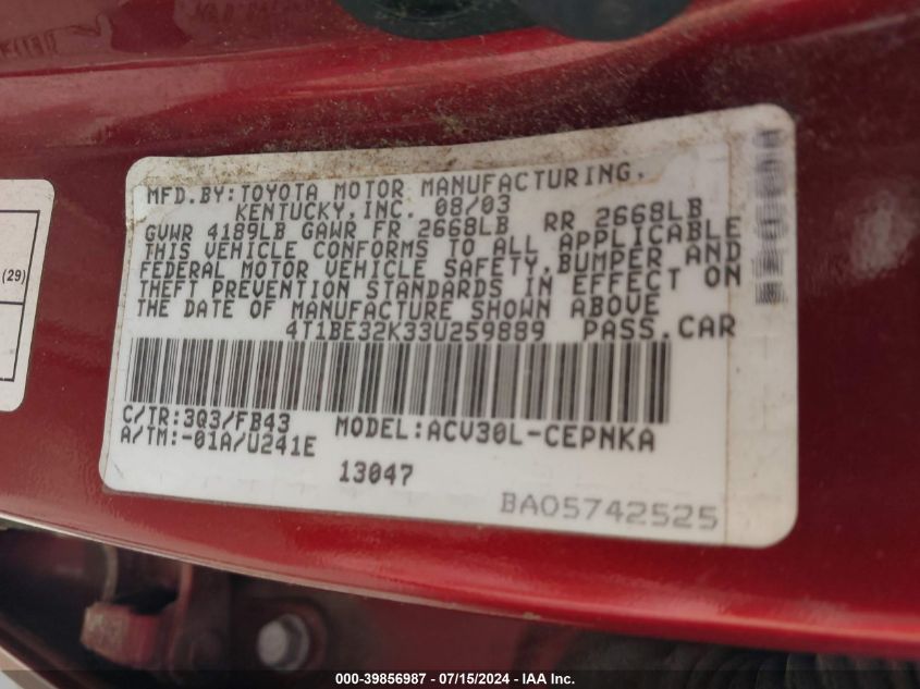 2003 Toyota Camry Le VIN: 4T1BE32K33U259889 Lot: 39856987